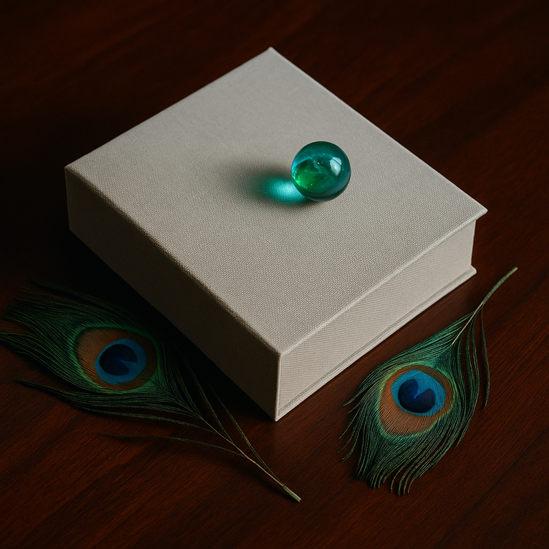 Green marble on a closed book with peacock feathers on a dark surface